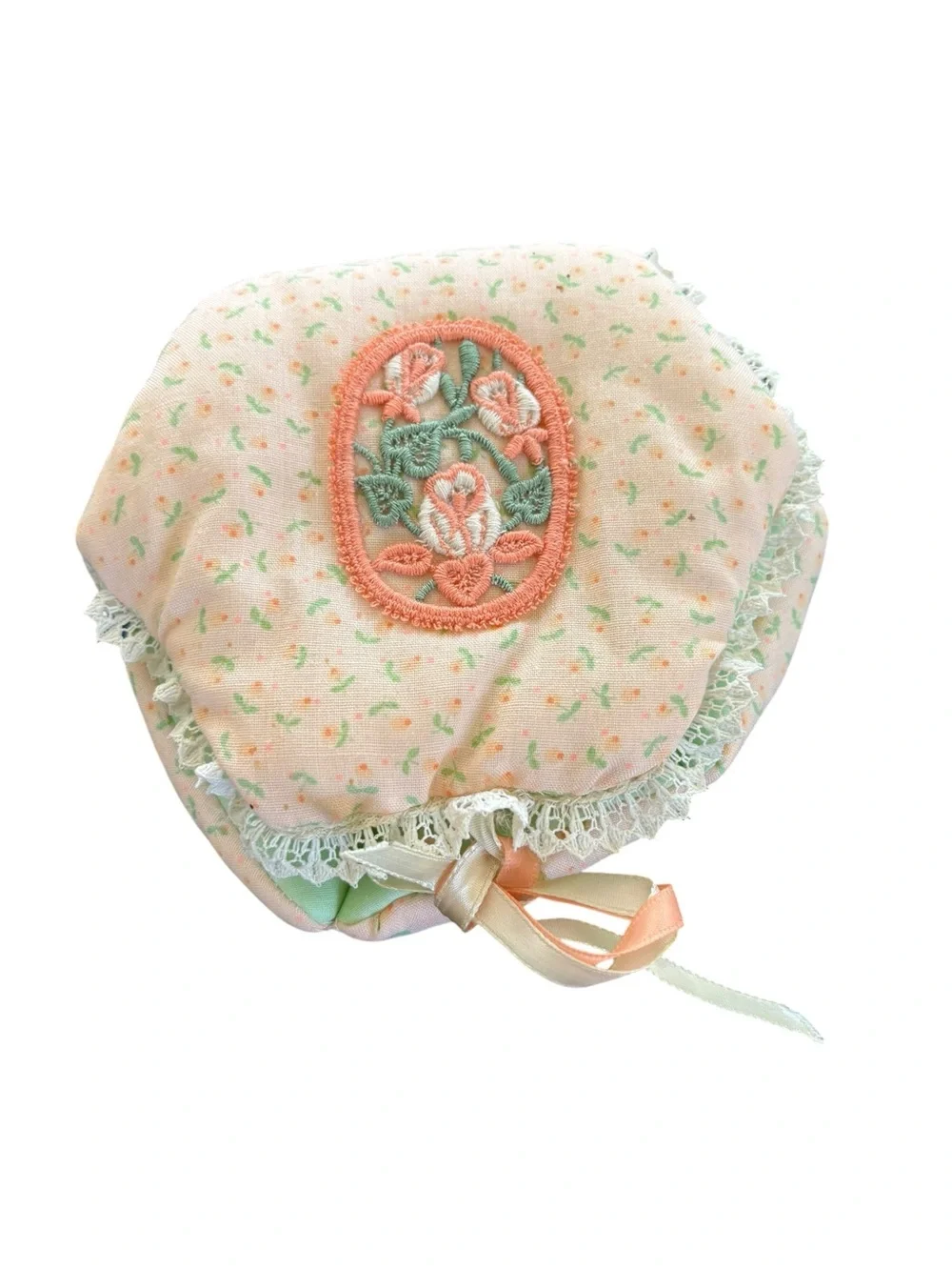 Handmade Round Cushioned Sewing Pincushion Box Ditsy Floral Tied Close Peach